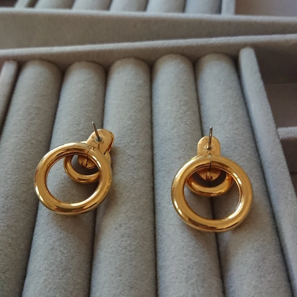 Vintage Double Hoop Door Knocker Style Gold tone Pierced Earrings